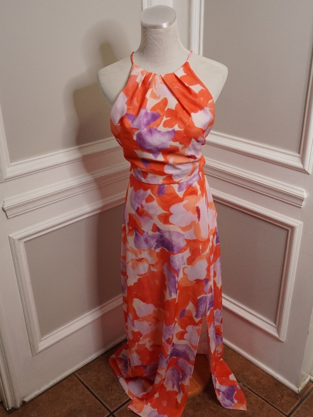 Saints & Secrets, Val Cowl Back Maxi Dress Floral Orange, Size M
